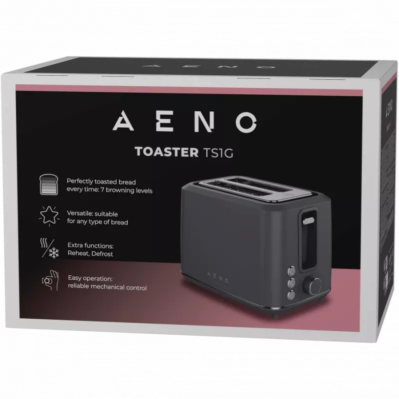 Torradeira elétrica AENO ATS0001G — 2 ranhuras, 220–240 V 50–60 Hz, 920–1080 W, 3 modos, 7 níveis de tostagem, cinzento