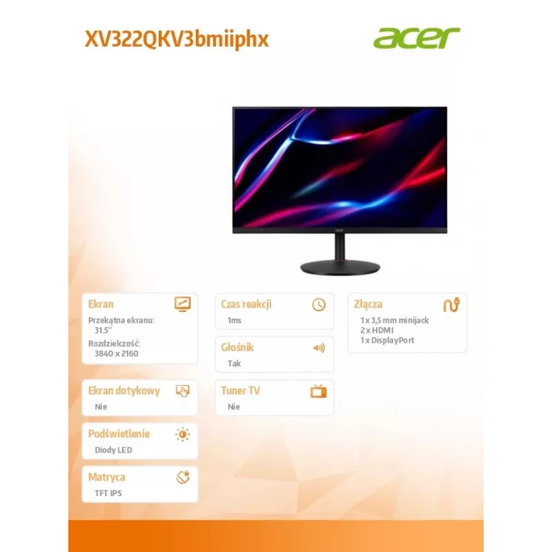 Monitor 32 polegadas XV322QKV3bmiiphx IPS 160Hz UHD 4K 0,5/350cd/m2 HDMIx2 DP SPEAKER H:090