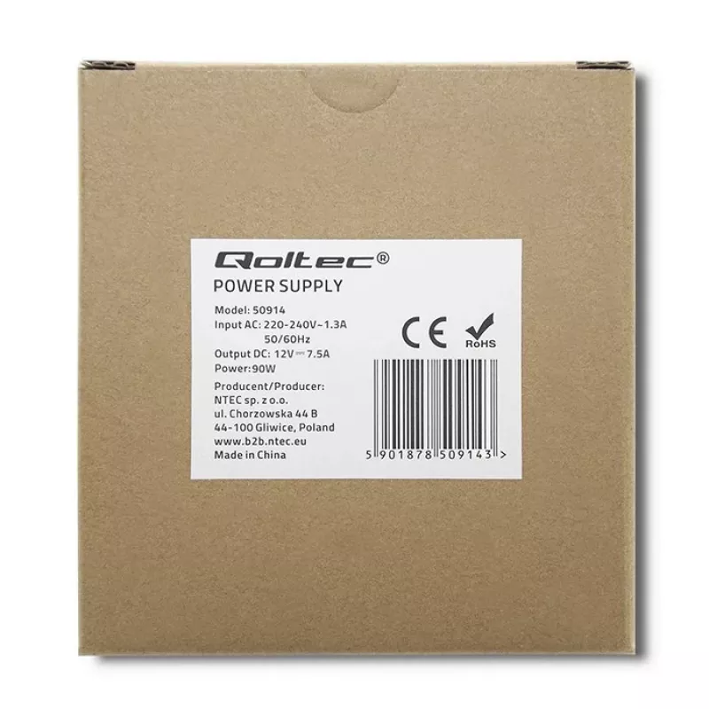 Fonte de alimentação para calha DIN Qoltec 50914 | 90W | 12V | 7,5A | branco | slim