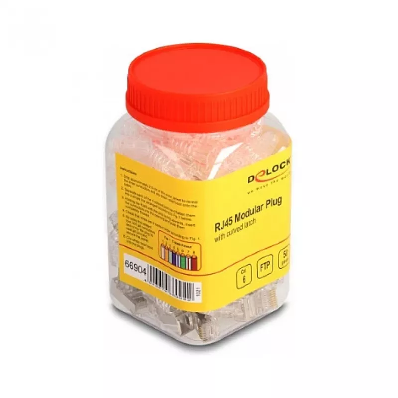 Ficha modular RJ45 DeLOCK Cat.6 com proteção do gatilho curvada e proteção anti-dobra, 50 unid.