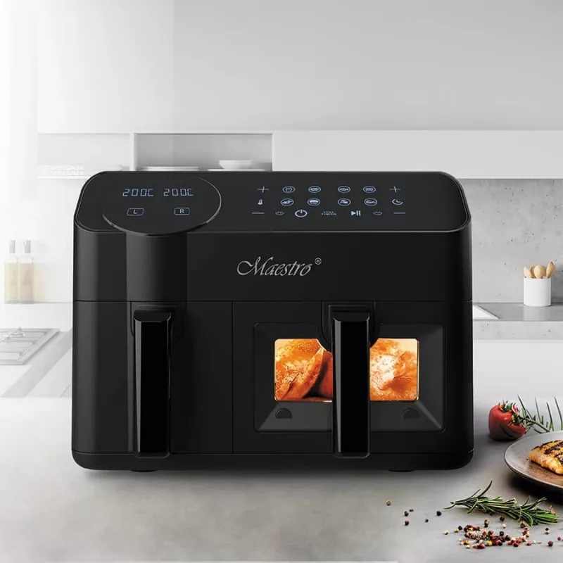 Fritadeira de ar quente elétrica Maestro MR-760 – aparelho de bancada com construção dupla, 3,5 L + 6 L, controlo tátil, 2000–2400 W, preto