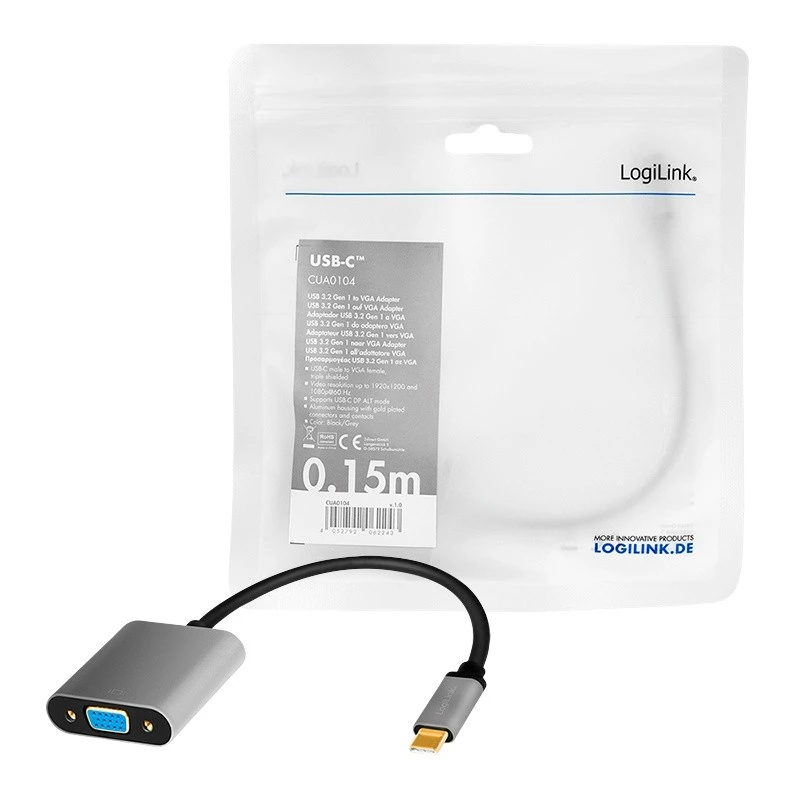 Cabo adaptador de vídeo USB Type-C para VGA (D-Sub) LOGILINK CUA0104 0,15 m, cinzento/preto