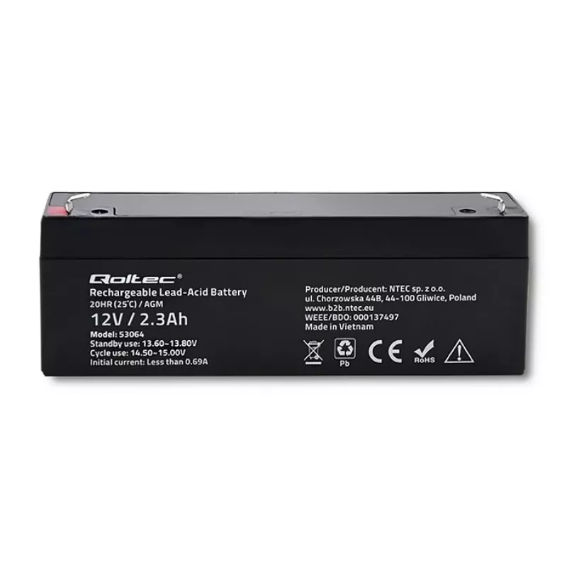 Bateria AGM selada QOLTEC 12V 2,3Ah para sistemas UPS e de backup, descarga máx. 34,5A