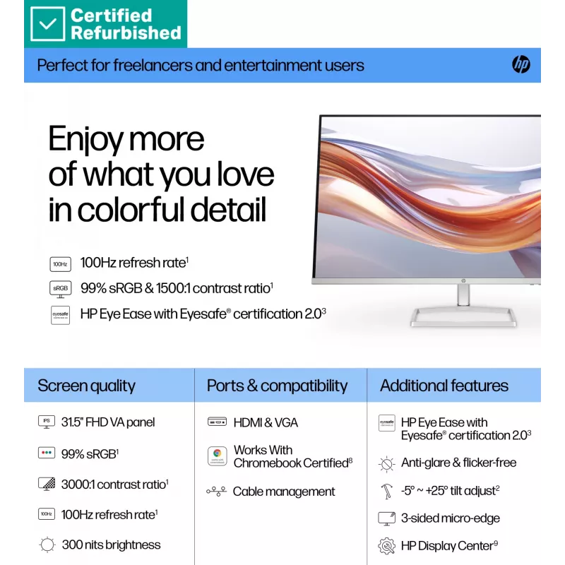 RENEW GOLD HP 532sf Série 5 Monitor FHD – 31,5 inch 1920x1080 FHD 300-nit 100Hz AG, VA, 2x HDMI/VGA, inclinação, 1 ano