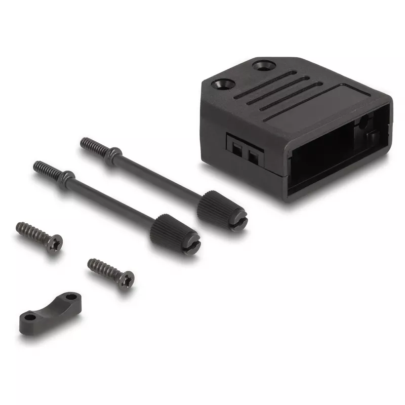 DeLOCK 67026 caixa D-Sub de plástico para ficha macho / fêmea de 9 pinos com alívio de tensão, preta