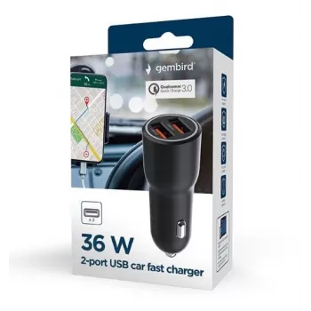 Carregador de automóvel para dispositivos móveis Gembird TA-UC-A2QC36-CAR-01, 36 W, 12–24 V, isqueiro, preto