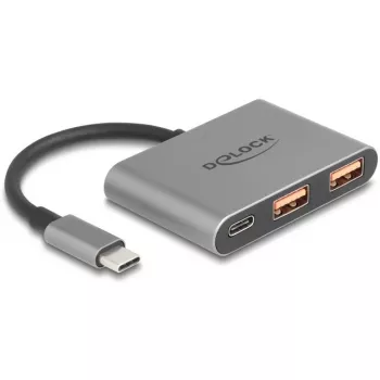 Hub USB DELOCK 64337 — anfitrião USB 3.2 Gen 2 Type-C, 3 portas (Type-C + 2× Type-A), 10 Gbit/s, cinzento, caixa de metal