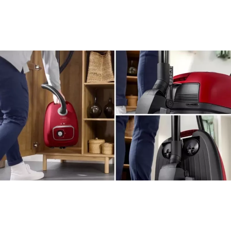 Aspirador de pó Bosch BGB 41RD3H — 600 W, saco de 4 l, filtro HEPA, raio de ação de 11 m, tubo telescópico, vermelho