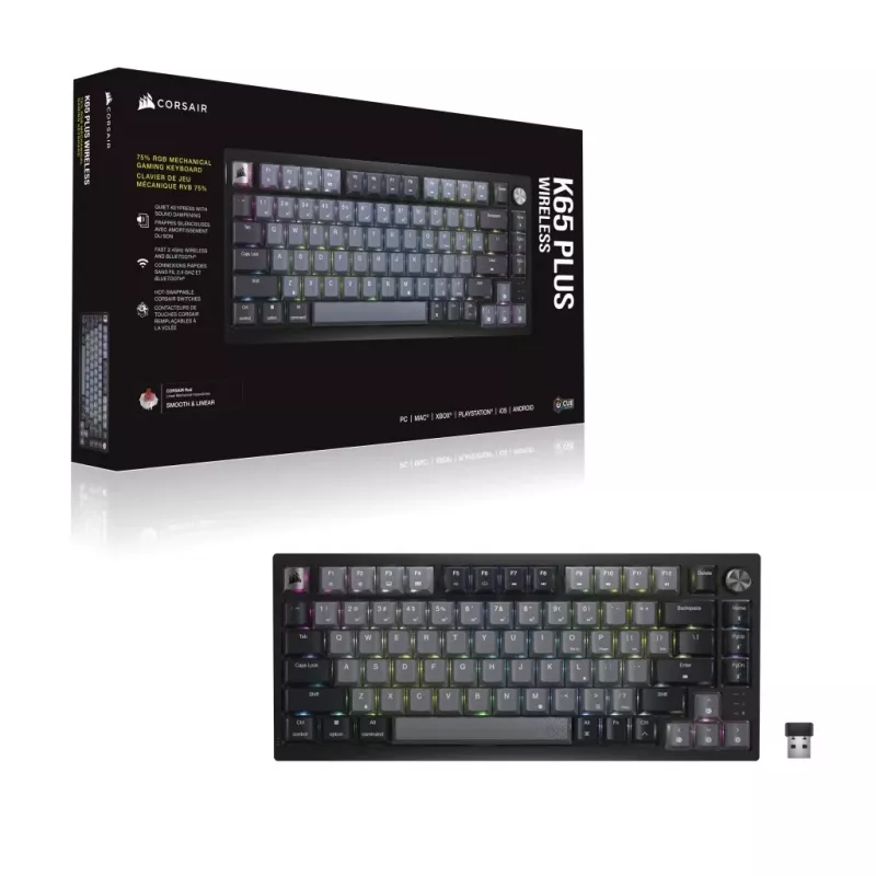 Teclado gaming mecânico CORSAIR K65 PLUS Wireless — Nordic preto, layout compacto, USB Type-A