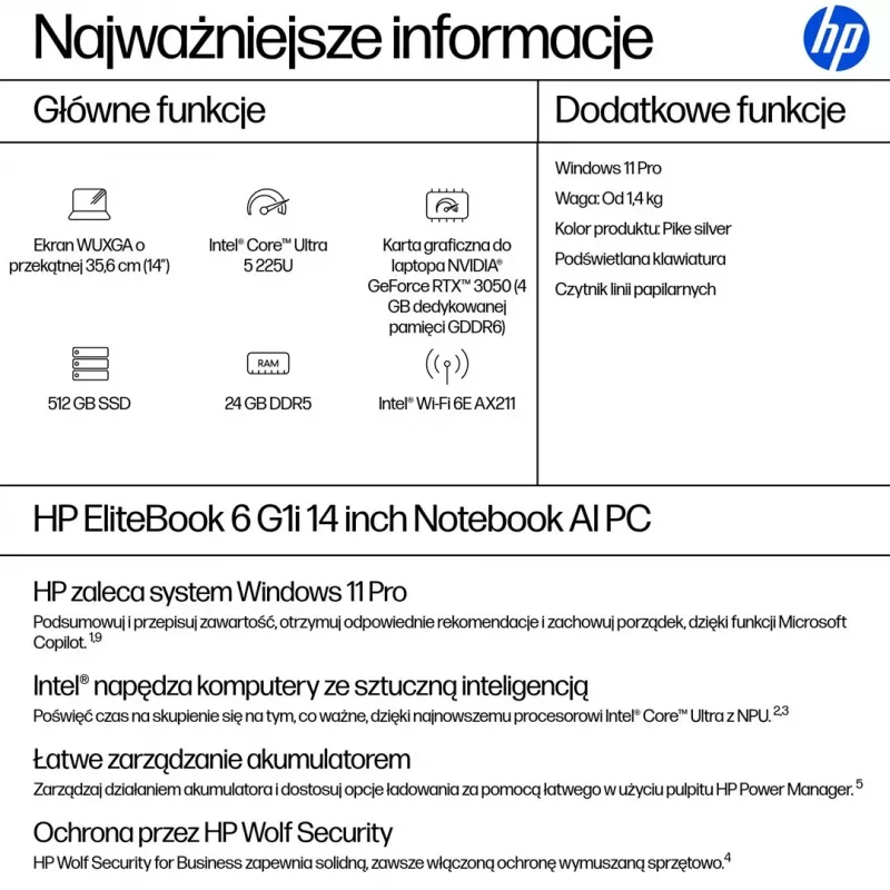 HP EliteBook 6 G1i Ultra 5 225U 14.0WUXGA IPS 400nits Eye Ease AG 24GB DDR5 5600 SSD512 Arc Cam 5Mpx 56Wh W11Pro Pike prateado alumínio 3Y OnSite