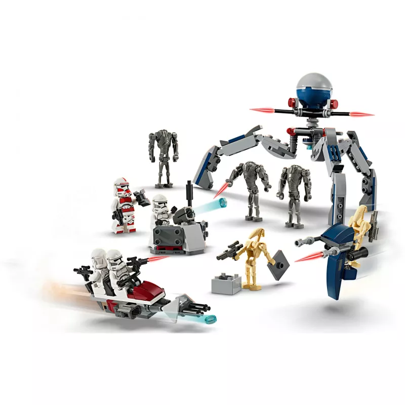 LEGO Star Wars Clone Trooper e Battle Droid Battle Pack Brinquedo de construção para crianças com veículo Speeder Bike, 4 minifiguras e 5 figuras, presente para rapazes