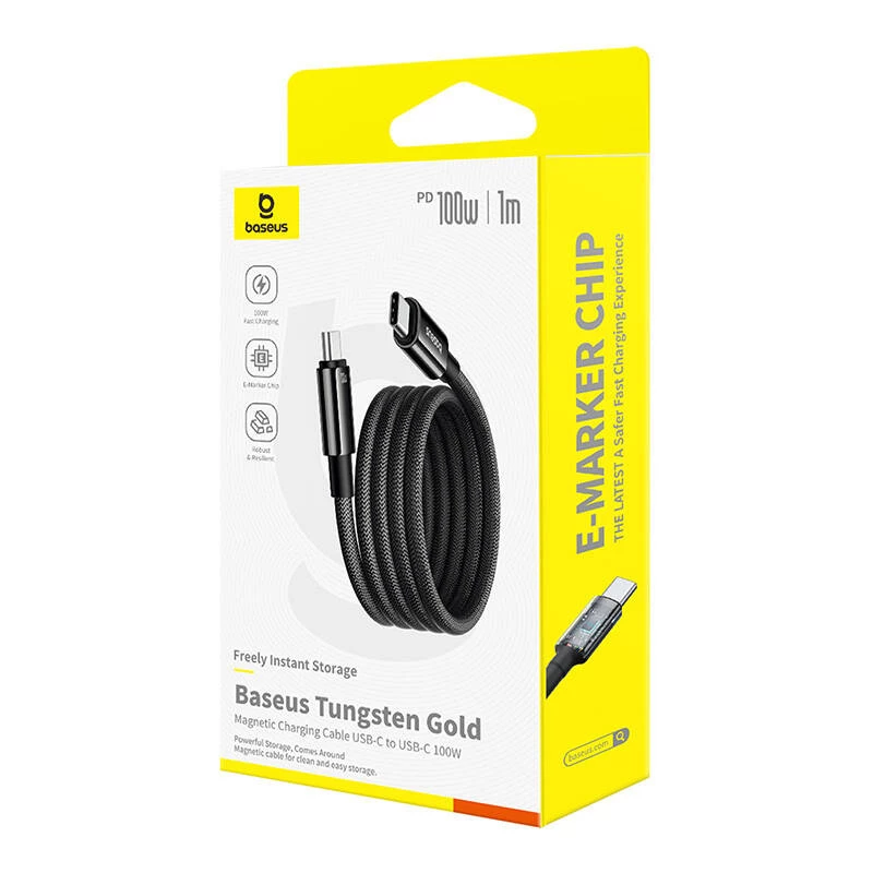 Cabo de carregamento USB-C para USB-C Baseus Tungsten Gold 100W 1 m, preto, nylon