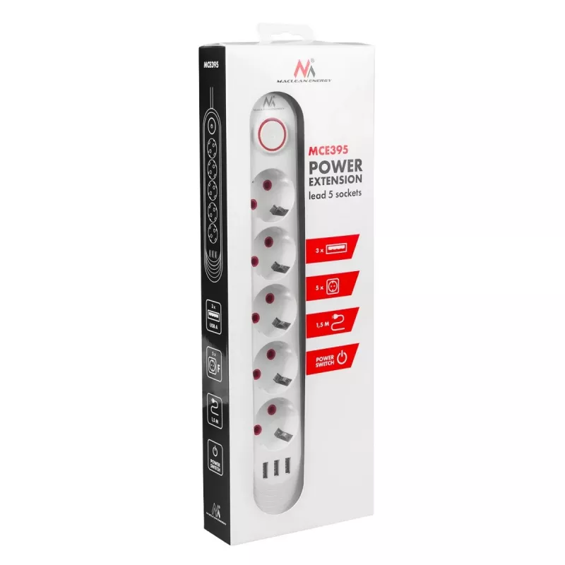 Extensão elétrica MACLEAN MCE395 W — 5 tomadas, 3× USB A, 110–240 V AC, 2,1 A USB, máx. 2500 W, branco, cabo de 1,5 m