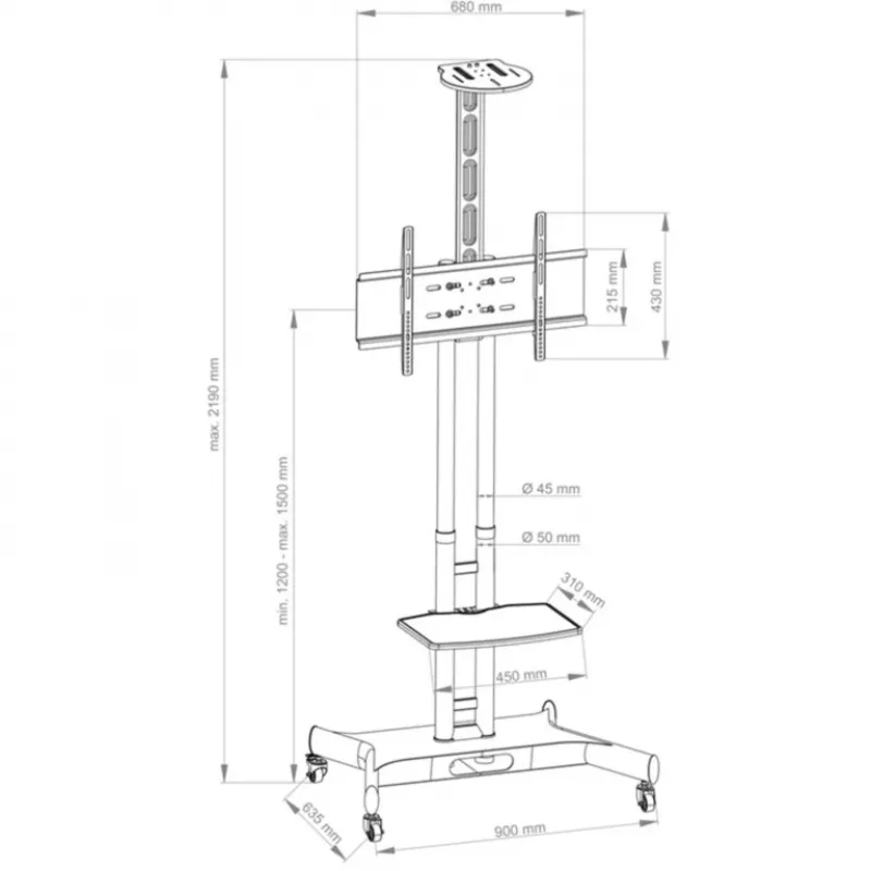 Hagor 8209 HP Twin Stand suporte móvel de chão para ecrãs de 32-55 polegadas (81-140 cm), 45 kg, regulável em altura, preto