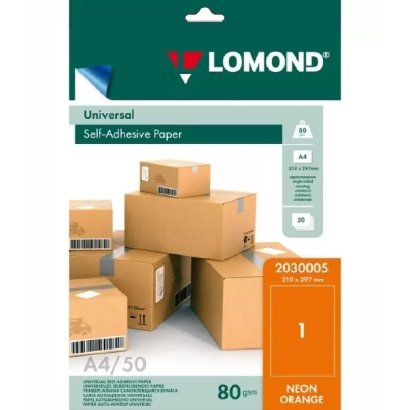 Etiquetas de papel autoadesivas Lomond Universal, 1/210x297, A4, 50 folhas, laranja néon