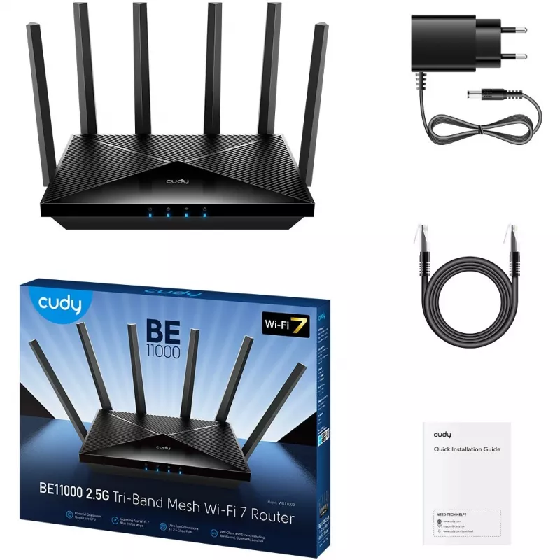 Router de mesa Cudy WR11000 — Tri-Band 2,4/5/6 GHz, Wi-Fi 7, 4× 2,5 Gigabit LAN, 5765 Mbit/s na banda de 6 GHz, 512 MB RAM
