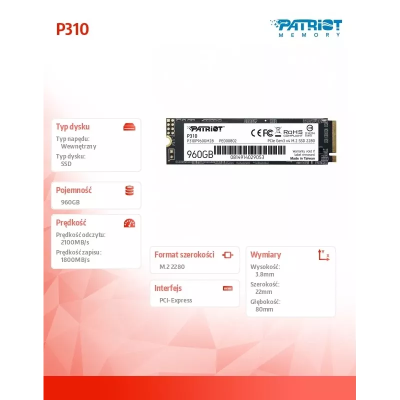 Patriot P310 960 GB M.2 2280 NVMe unidade SSD, PCIe 3.0 x4