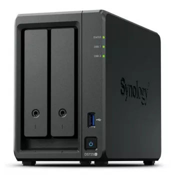 NAS Synology DiskStation DS725+ 2-Bay Ryzen R1600 4GB DDR4 ECC, 2.5GbE, 2x M.2, suporte RAID, 0TB, preto