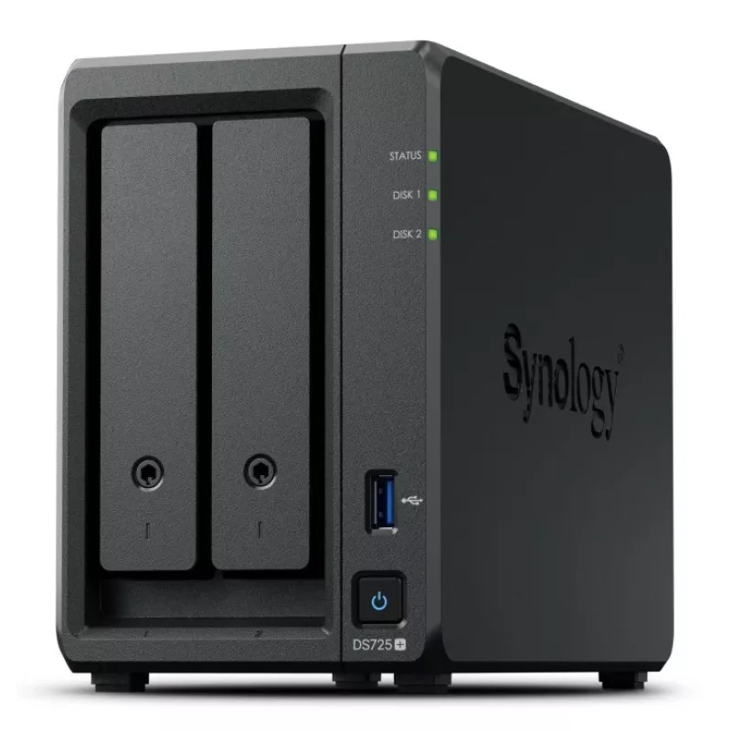 NAS Synology DiskStation DS725+ 2-Bay Ryzen R1600 4GB DDR4 ECC, 2.5GbE, 2x M.2, suporte RAID, 0TB, preto