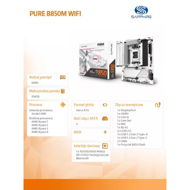 Placa-mãe Sapphire PURE B850M WIFI Micro ATX — AMD B850, Socket AM5, DDR5 até 8000 MHz, 4 DIMM, Wi‑Fi 6, 2,5 Gb LAN, 2× M.2, PCIe 5.0 x16