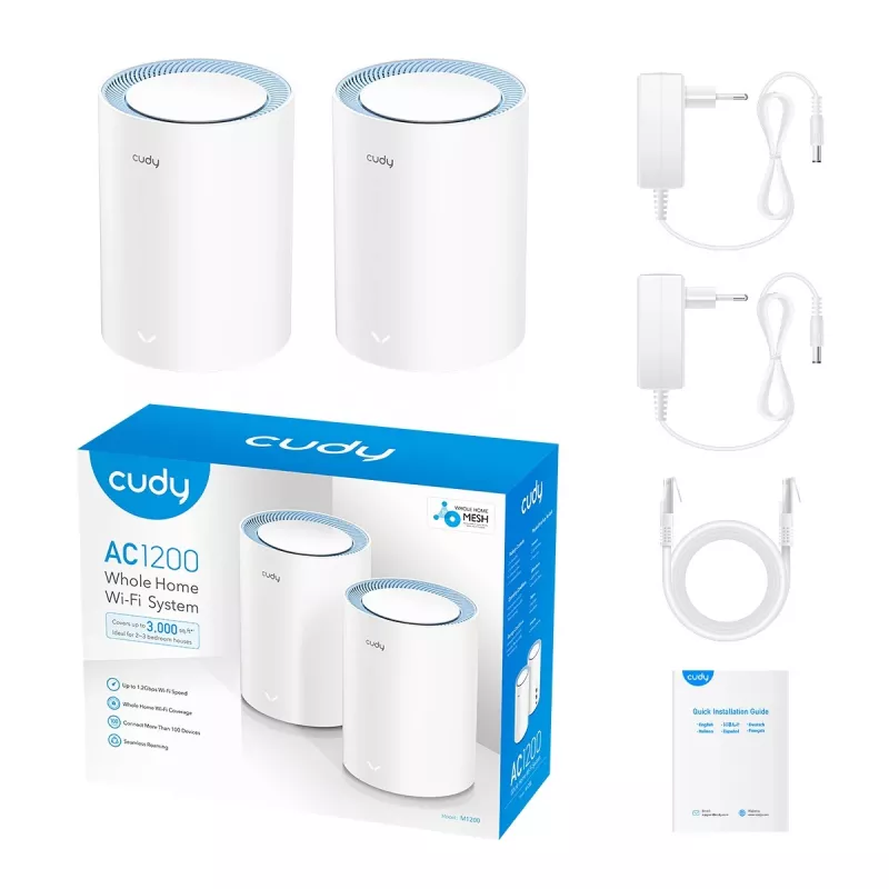 Sistema Mesh Cudy M1200 pack de 2 – Wi-Fi 5 dual band (300/867 Mbit/s), 2 unidades, 1 porta LAN, suporta 100 dispositivos