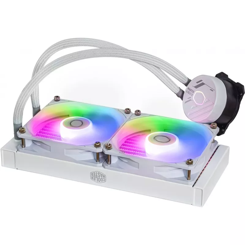Kit de refrigeração líquida Cooler Master MasterLiquid 240L Core ARGB branco — radiador de 240 mm, ventoinha de 120 mm, compatível com LGA1700/AM5/AM4 e sockets mais antigos