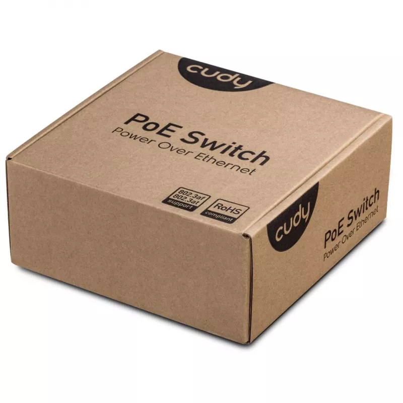 Switch de rede Cudy GS1005P — 5 portas Gigabit Ethernet com 4 portas PoE, 60 W de potência total, caixa metálica, montável em rack
