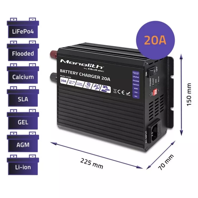 Carregador QOLTEC Monolith 20 A 12 V para baterias LiFePO4, AGM, GEL, SLA