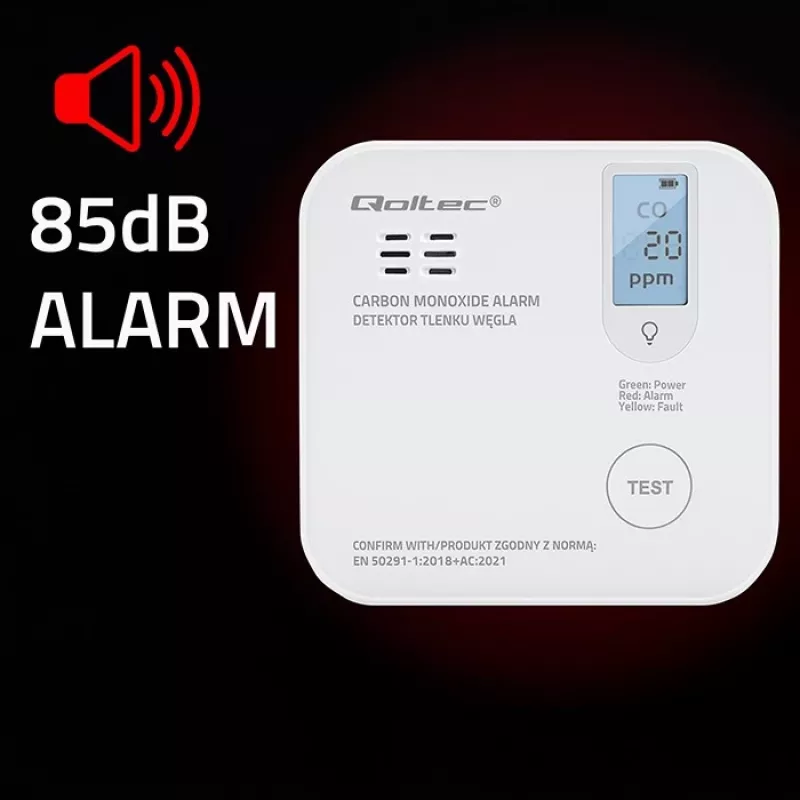 Sensor de monóxido de carbono QOLTEC 52577 — alarme a pilhas, nível sonoro 85 dB