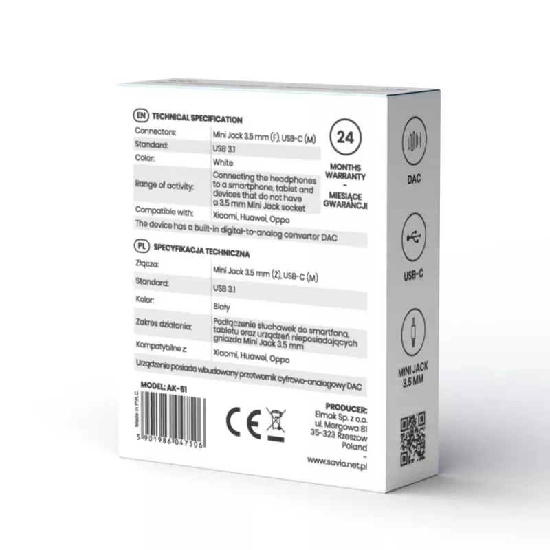 Adaptador de áudio USB Type 3.1 C (M) – Jack 3,5mm (F) branco SAVIO AK-51