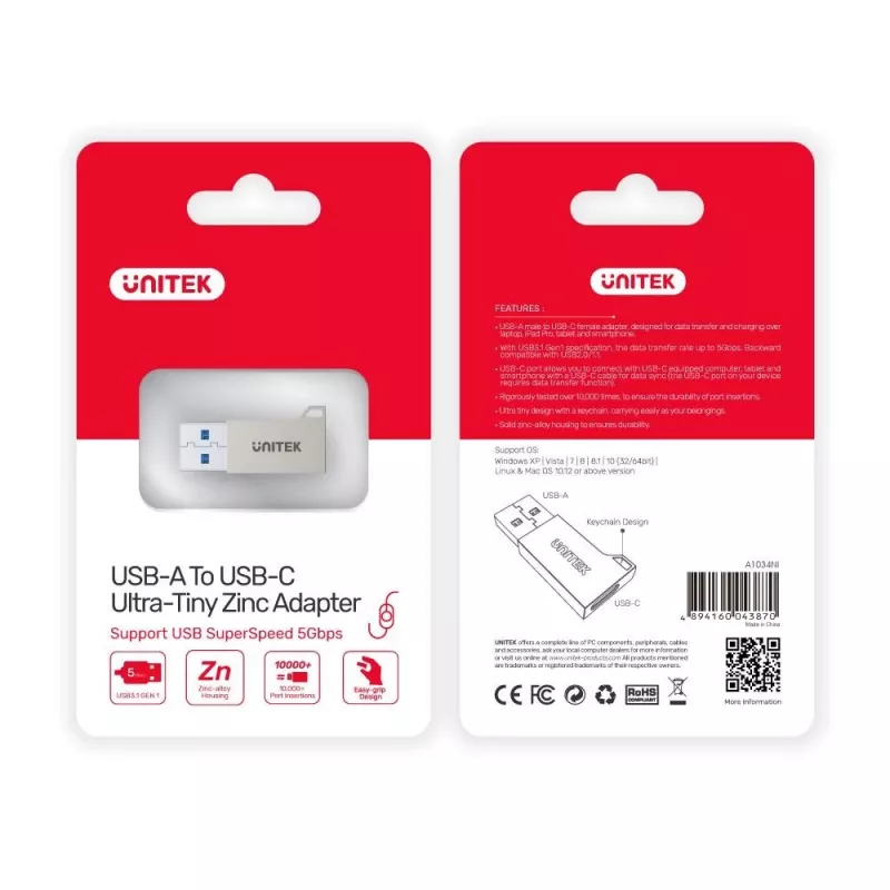 Unitek A1034NI adaptador de USB-A macho para USB-C fêmea, USB 3.1 Gen1, prateado