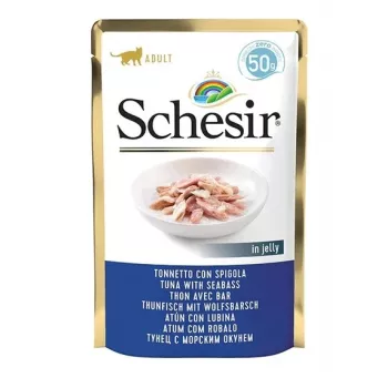 Alimento húmido para gatos Schesir Single Dish Atum com Robalo 50 g saqueta