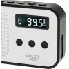 Adler AD 1907 rádio digital PLL, AM/FM, 40 estações pré-definidas, alarme com soneca, USB-C, bateria recarregável integrada, ficha de 3,5 mm, branco/preto