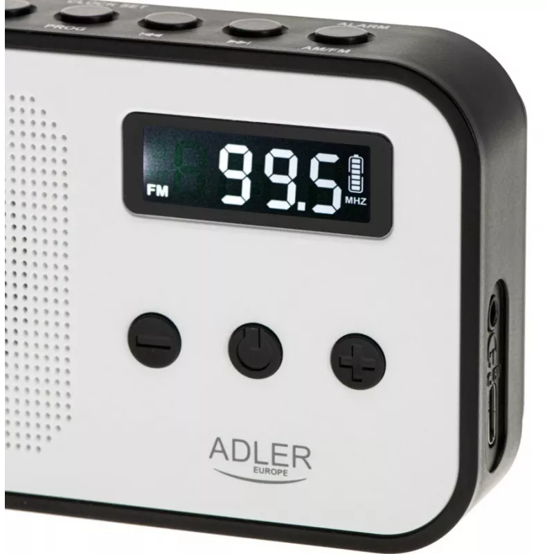 Adler AD 1907 rádio digital PLL, AM/FM, 40 estações pré-definidas, alarme com soneca, USB-C, bateria recarregável integrada, ficha de 3,5 mm, branco/preto