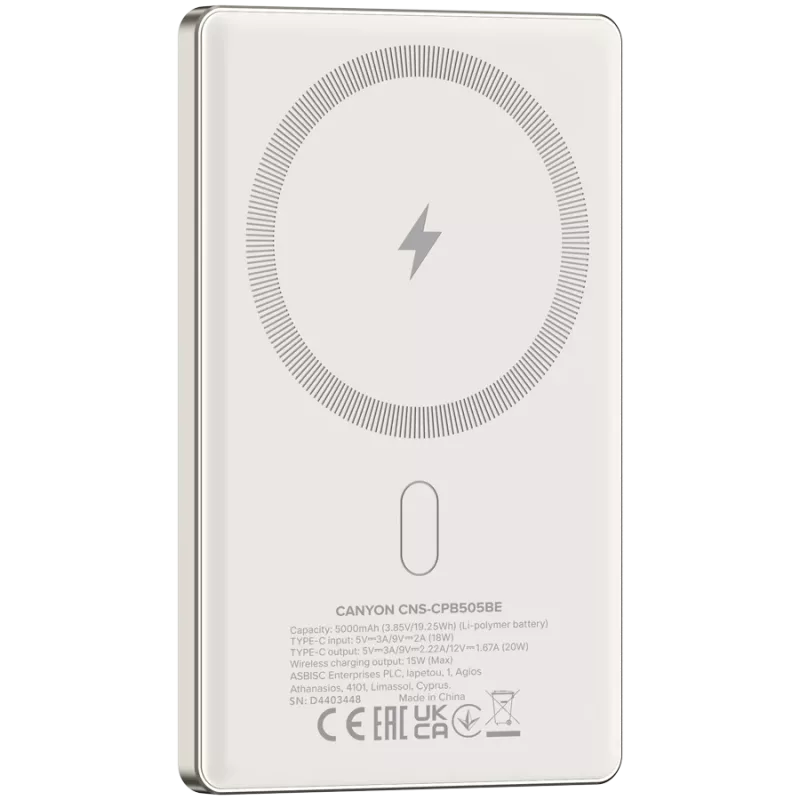 Canyon OnPower 505 - powerbank - 5.000 mAh - entrada USB-C - saída USB-C PD 20W + Wireless Magnet 1