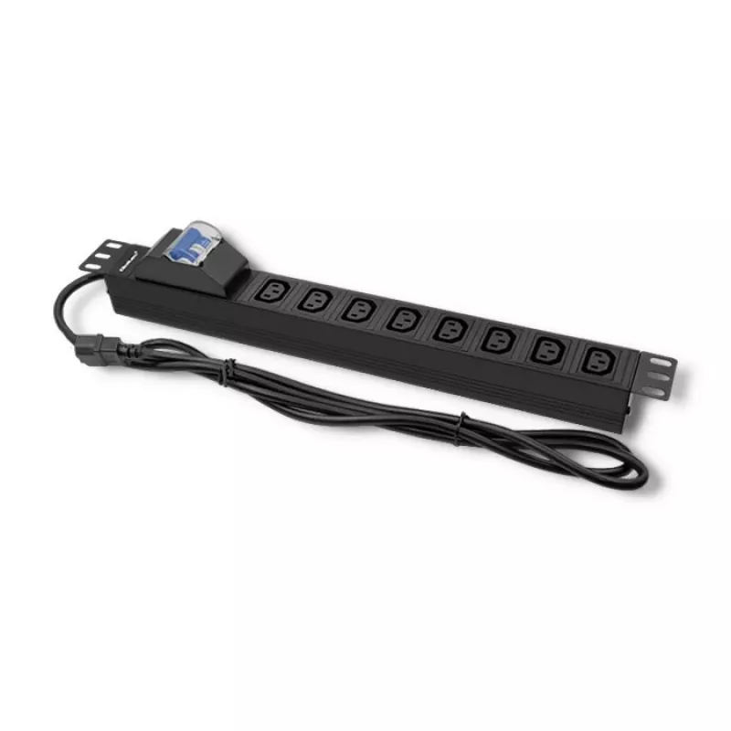 Qoltec 53999 Régua de tomadas PDU para rack de 19 polegadas, 1U, 8x IEC C13, 10 A, com disjuntor, 2 m