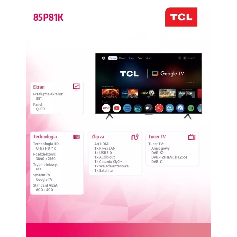 TV TCL 85P81K 85 polegadas QLED 4K, classe de eficiência energética F