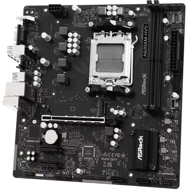 Motherboard ASRock A620AM-HVS Micro ATX — chipset AMD A620A, Socket AM5, DDR5, 2 DIMM, até 128 GB, HDMI 2.1, M.2 2280