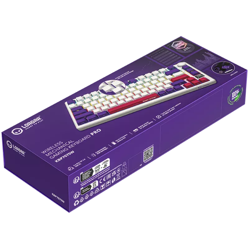 LORGAR KBP7075W, Teclado de gaming mecânico sem fios 75% Pro, branco, layout EN