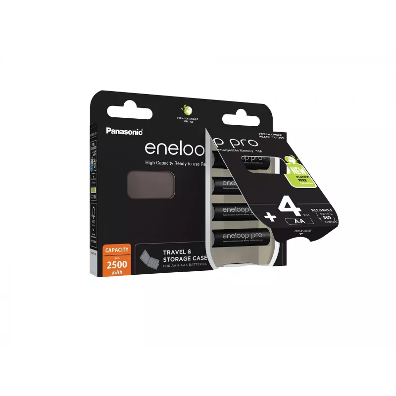 Pilhas recarregáveis PANASONIC ENELOOP PRO AA 2500 mAh 4 unid. + estojo (BK-3HCDE/4CP+CASE)