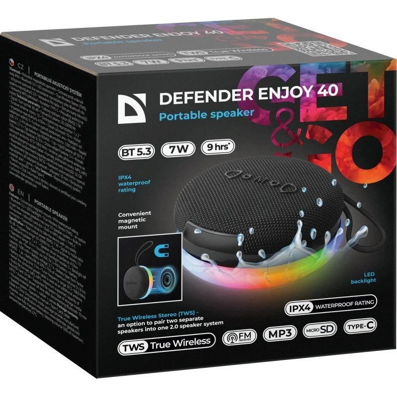 Altifalante Bluetooth portátil DEFENDER ENJOY 40 — 7 W RMS, Bluetooth 5.3, iluminação LED, bateria LiPo, 9 h, preto