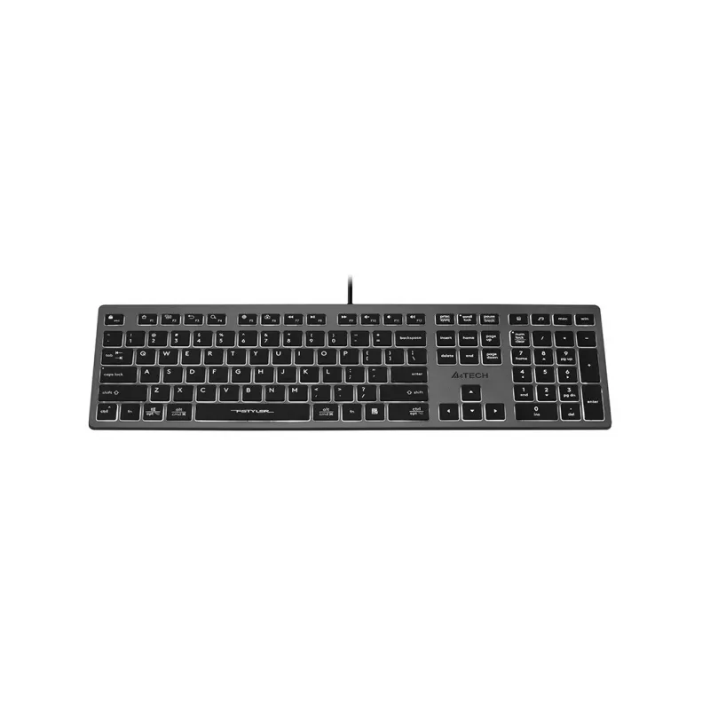 Teclado com fio A4Tech FX60H USB QWERTY – Full-Size 100%, retroiluminação branca, cinzento, hub USB