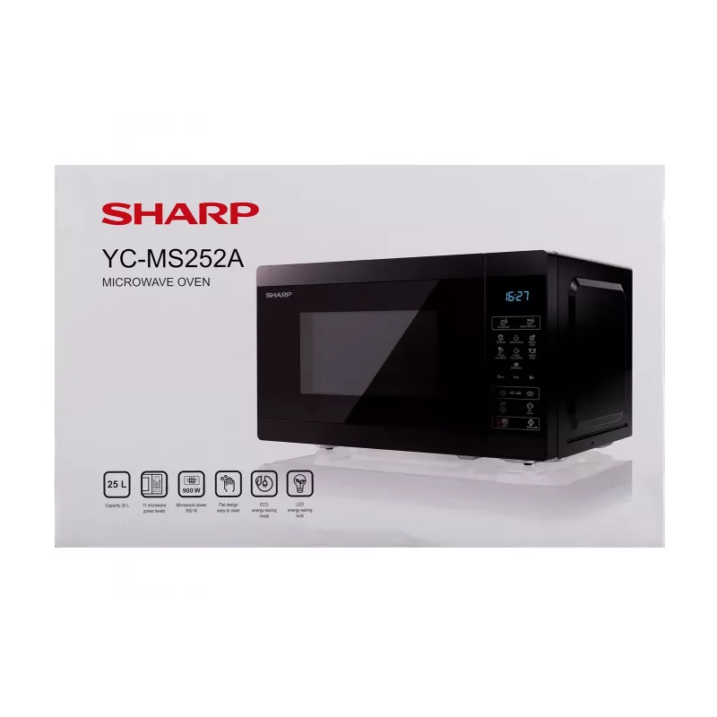 Micro-ondas Sharp YC-MS252AE-B, de instalação livre 25 L, 900 W, controlo tátil, 11 níveis de potência, segurança para crianças, função ECO, preto
