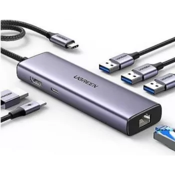 Ugreen 15598 Hub USB 3.2 Gen 1 Type-C HDMI RJ-45 USB 3.0 Prateado