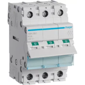 Hager SBN380. Corrente nominal: 80 A, tensão da bobina (máx.): 440 V. Número de módulos (máx.): 3 módulos. Largura: 52,5 mm, profundidade: 68 mm, altura: 83 mm (SBN380)