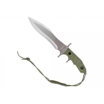 Faca de lâmina fixa Cinema Classic CC-H5 Rambo V — faca de sobrevivência, lâmina de aço 230 mm, comprimento total 385 mm, punho de polímero verde, bainha de couro