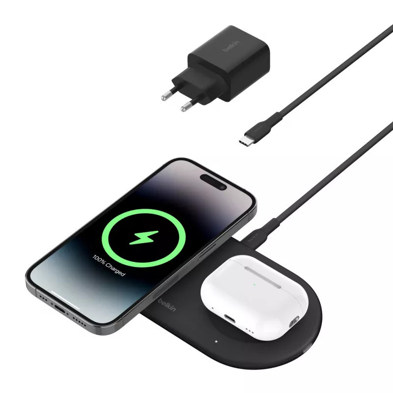 Belkin WIZ021VFBK – Estação de carregamento sem fios 2 em 1 com tecnologia Qi2 15 W, preto