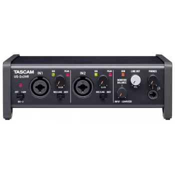 Interface de áudio Tascam US-2X2HR, 2 x entradas XLR/Combo, 192 kHz, USB 2.0, MIDI In/Out, secretária, preto