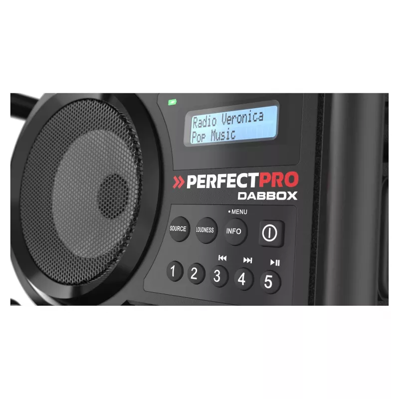 Rádio de obra Perfectpro DABBOX DAB+ FM AUX Bluetooth resistente a impactos