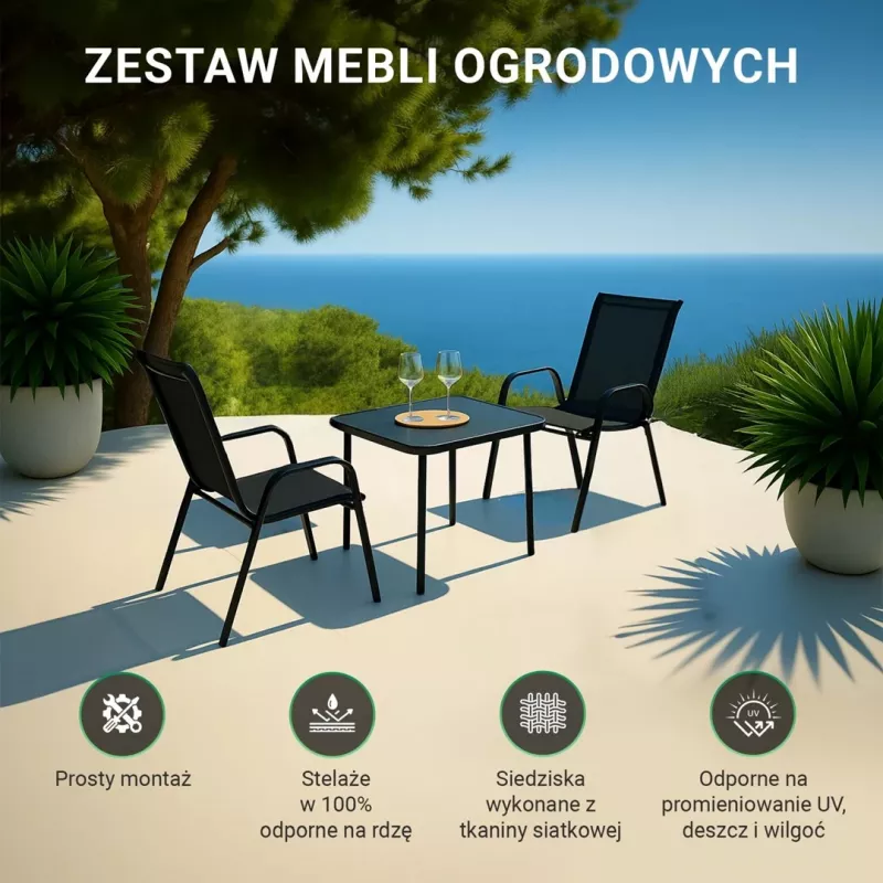 Conjunto de jardim Extralink Black Forest, têxtil duas cadeiras + mesa preta